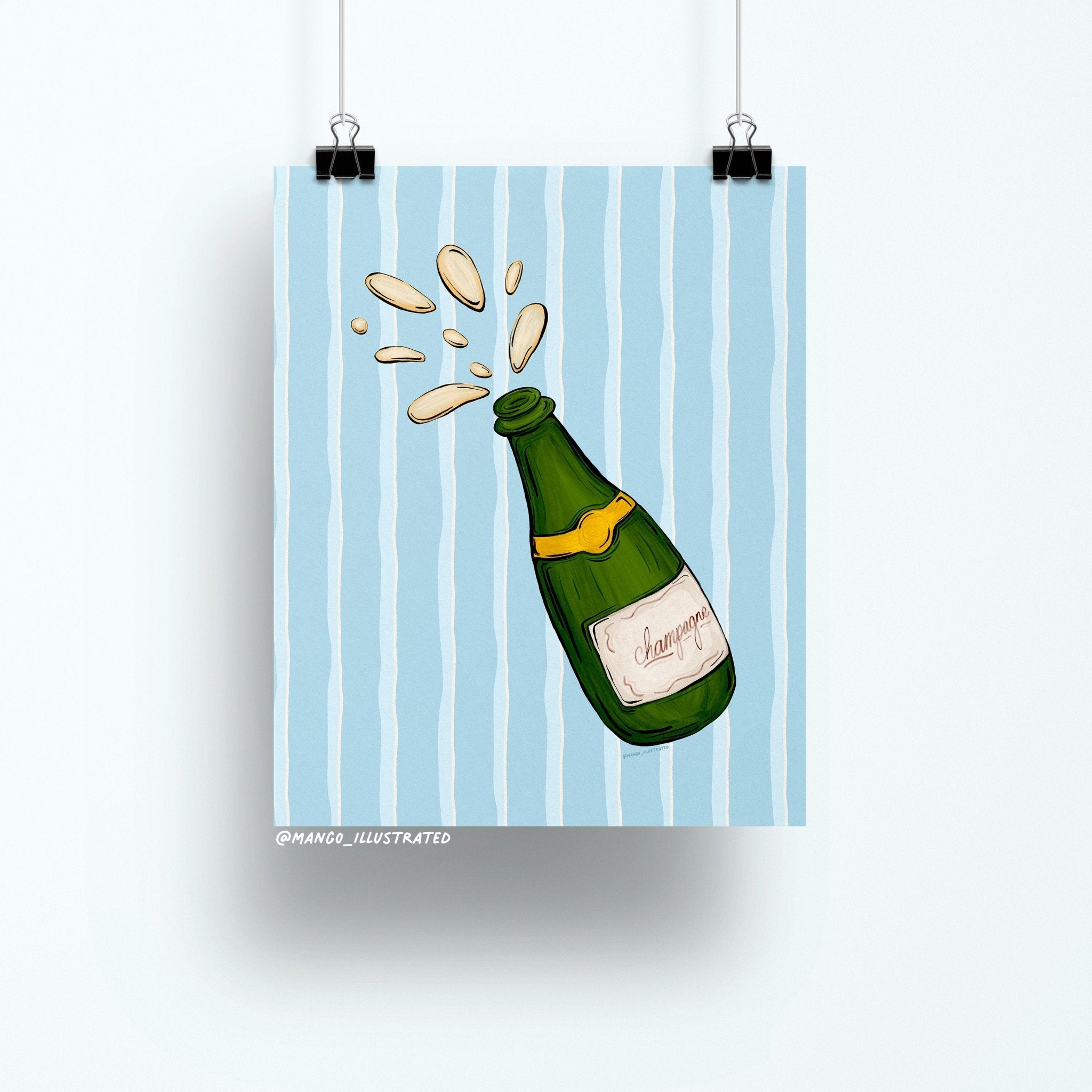8x10 Champagne art print featuring a green champagne bottle popping with golden fizz against a blue and white striped background