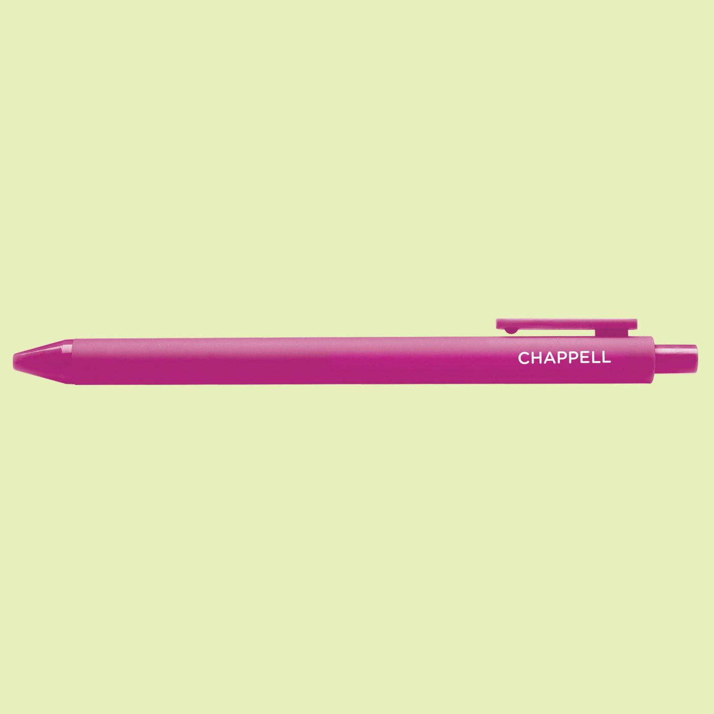 Purple pen with 'Chappell' text on a light green background