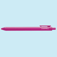 Pink pen with 'Chappell' text on a light blue background
