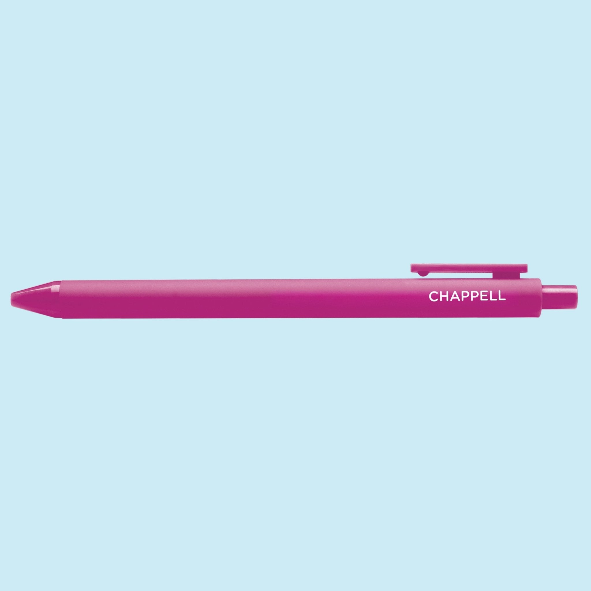 Pink pen with 'Chappell' text on a light blue background