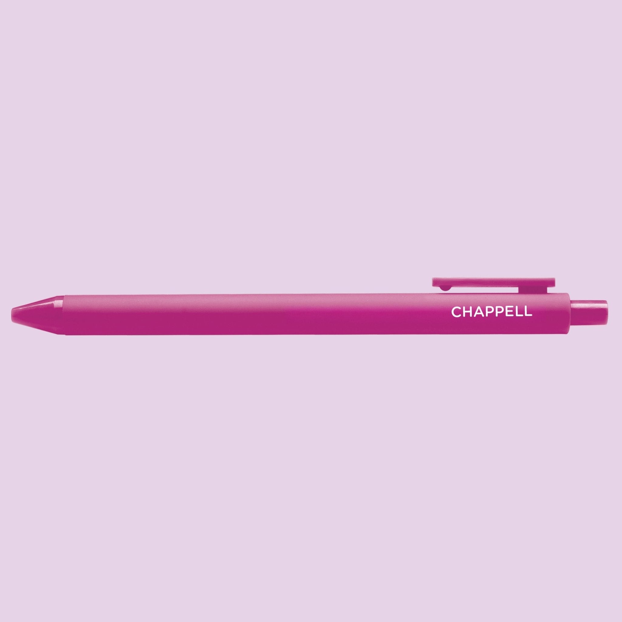 Pink pen with 'Chappell' text on a light purple background