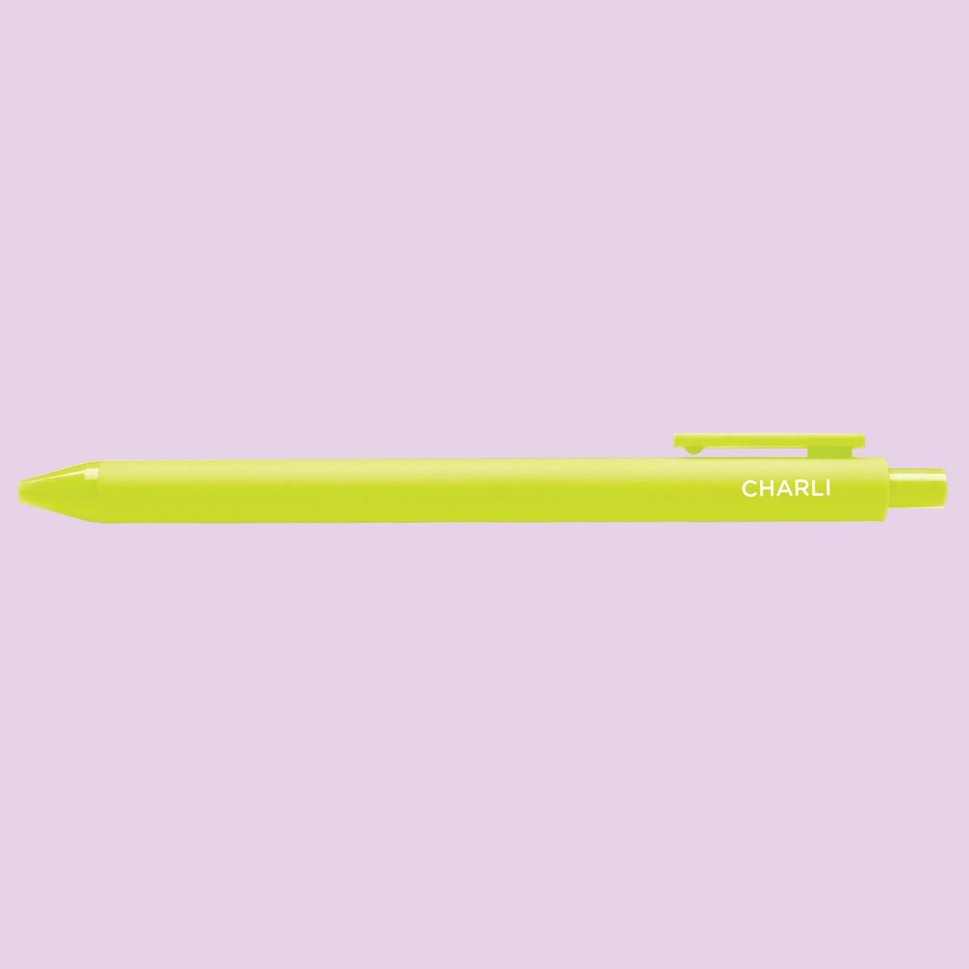 Lime green pen with 'Charli" text on a light purple background