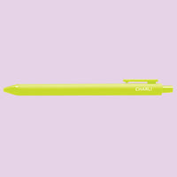 Lime green pen with 'Charli" text on a light purple background