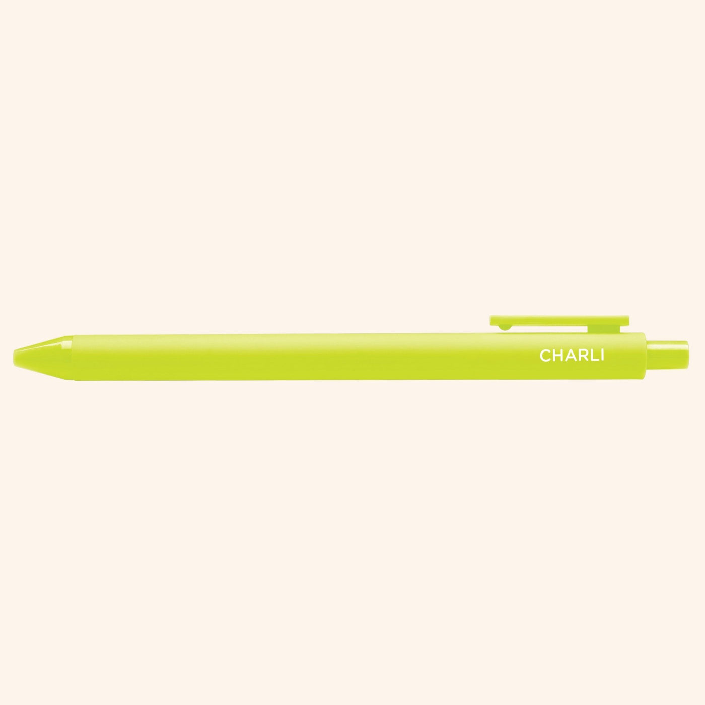 Lime green pen with 'Charli" text  on a white background