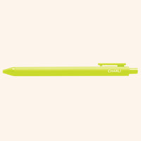 Lime green pen with 'Charli" text  on a white background