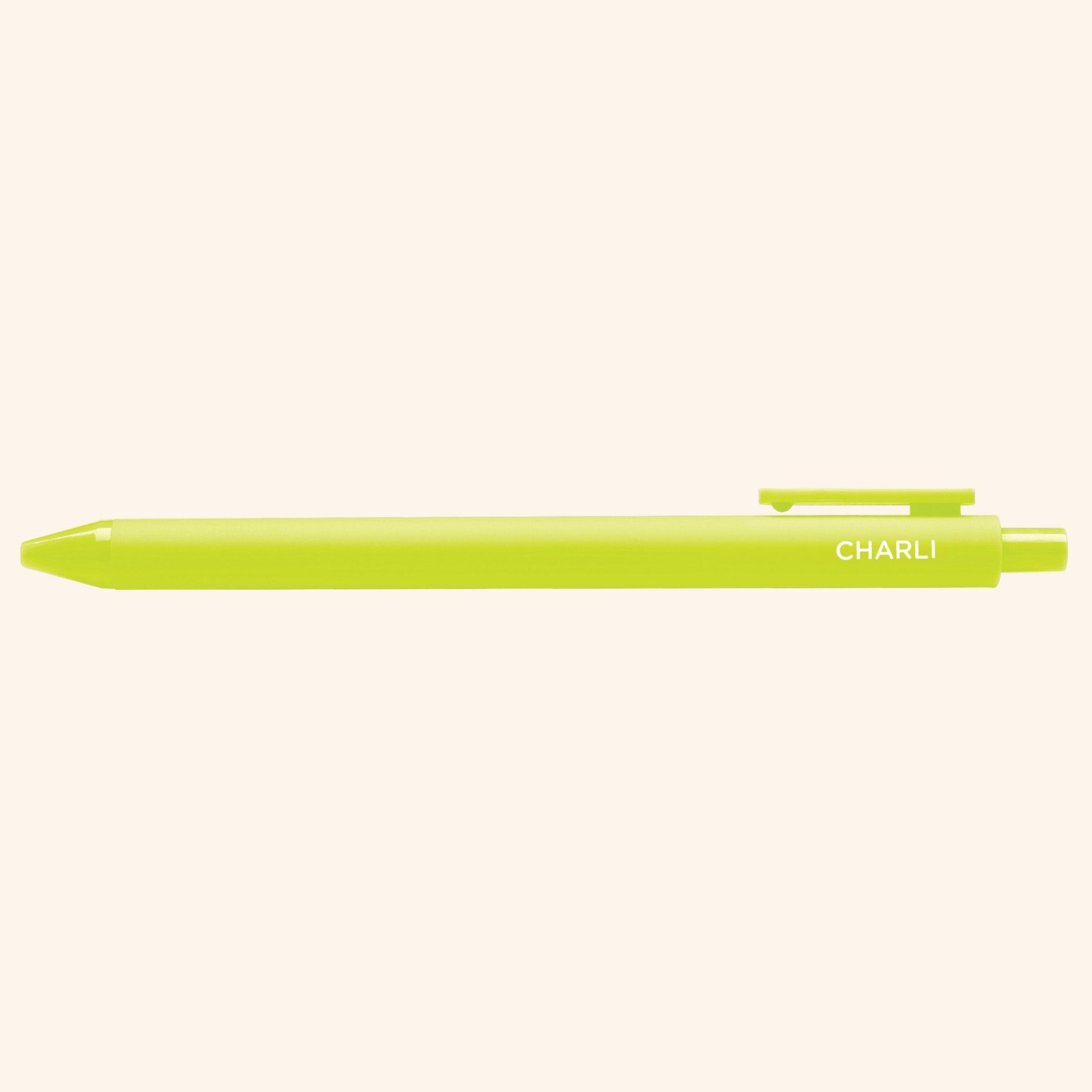 Lime green pen with 'Charli" text  on a white background
