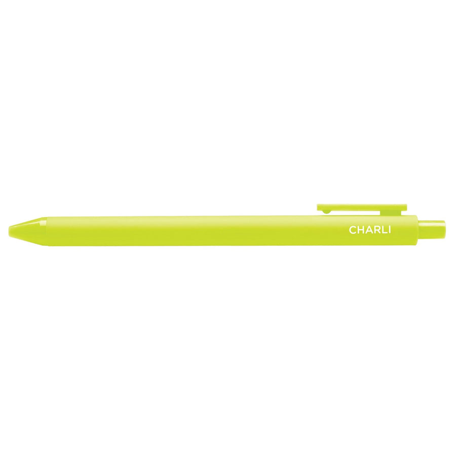 Lime green pen with 'Charli" text on a white background