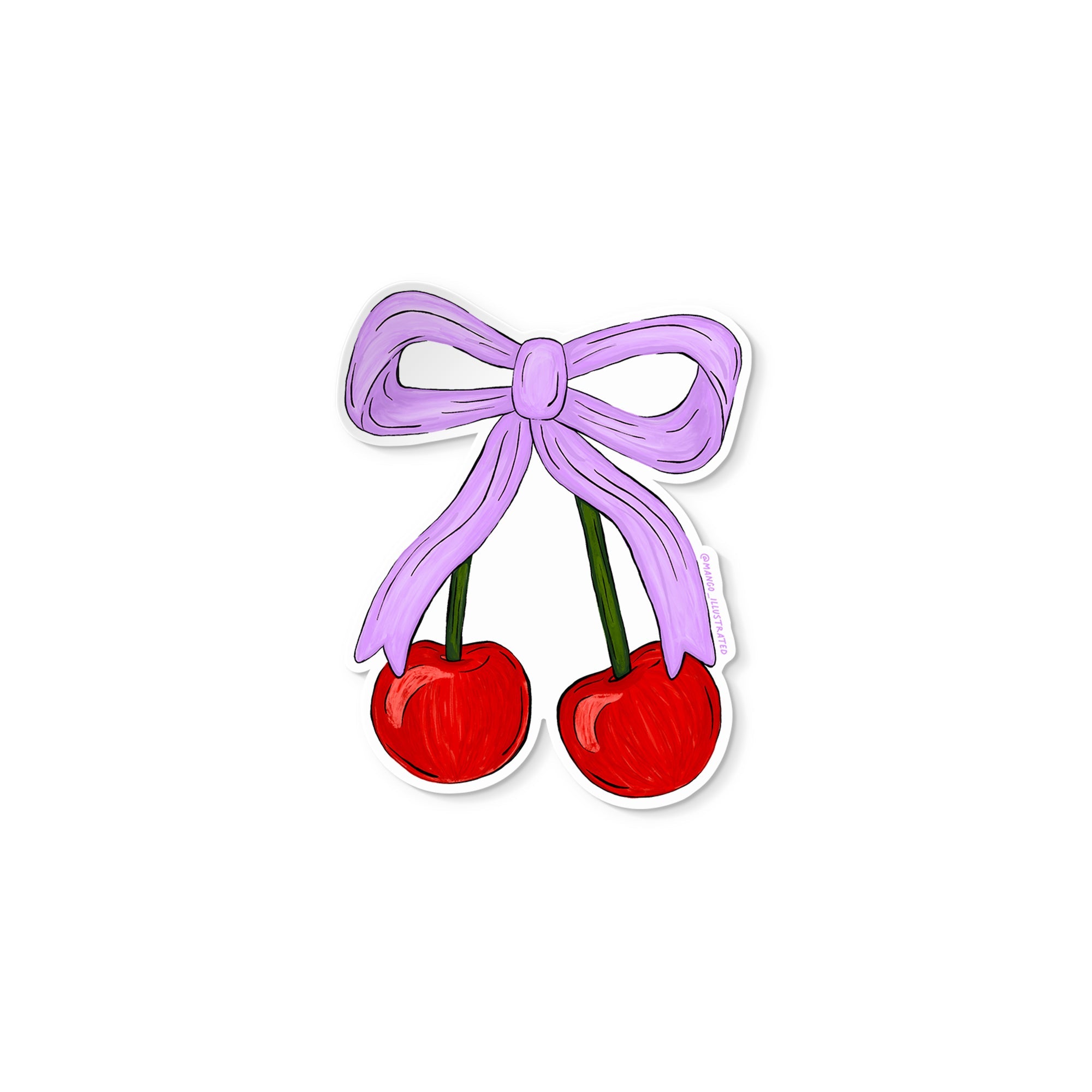 Vinyl sticker of two red cherries tied together with a lavender bow illustration.