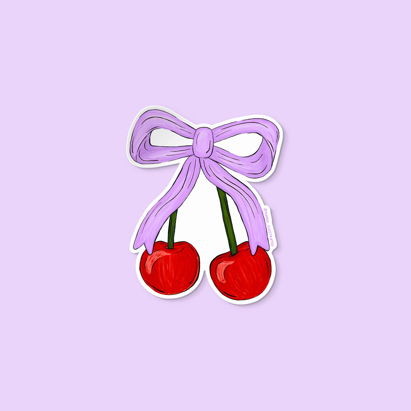 Vinyl sticker of two red cherries tied together with a lavender bow illustration.