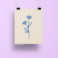Minimalist 8x10 art print of two daisies drawn in cobalt blue line art on a neutral background