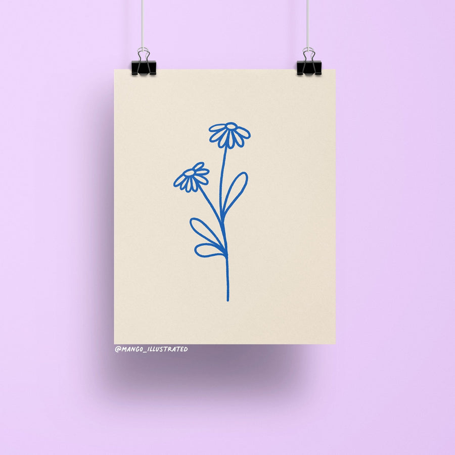 Minimalist 8x10 art print of two daisies drawn in cobalt blue line art on a neutral background