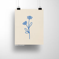 Minimalist 8x10 art print of two daisies drawn in cobalt blue line art on a neutral background