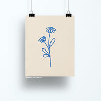Minimalist 8x10 art print of two daisies drawn in cobalt blue line art on a neutral background
