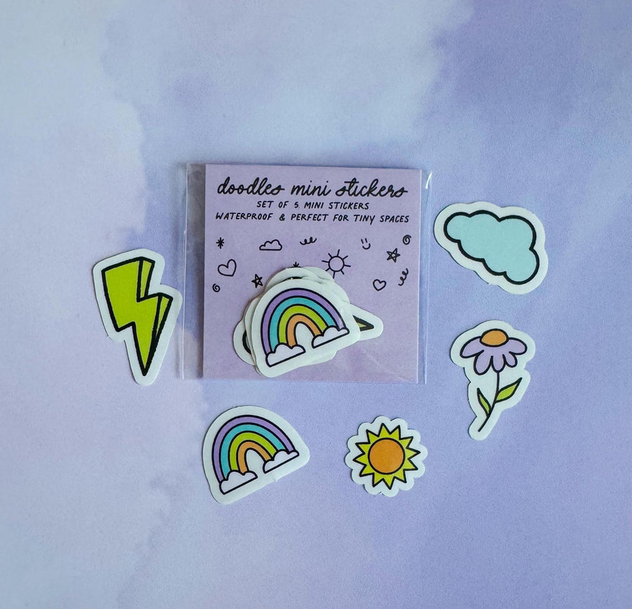 Doodles mini sticker set - lightning bolt, cloud, rainbow, flower, sun - MangoIllustrated - Sticker