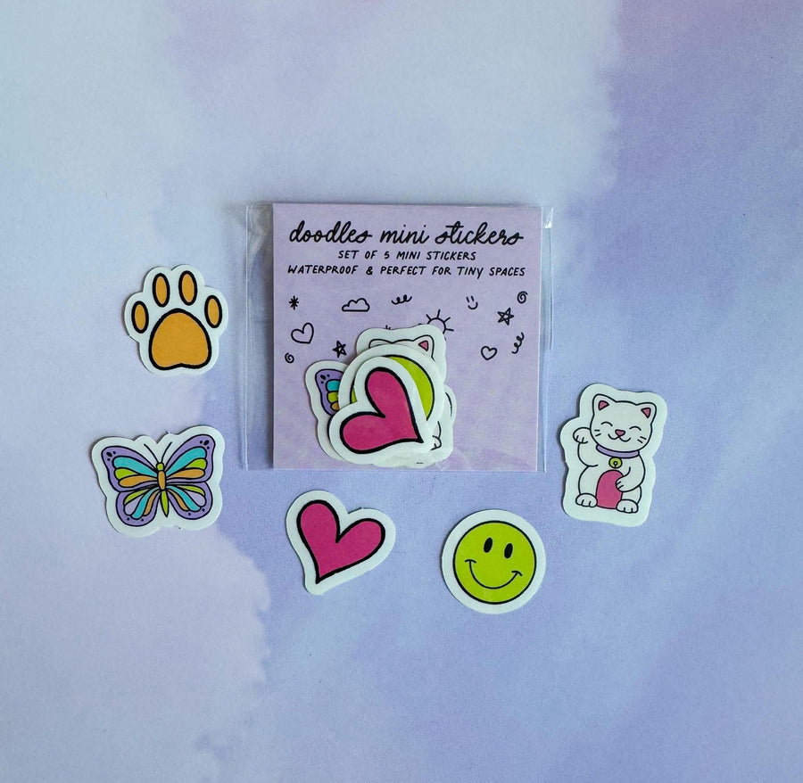 Doodles mini sticker set - lucky cat, smile, butterfly, paw, heart - MangoIllustrated - Sticker