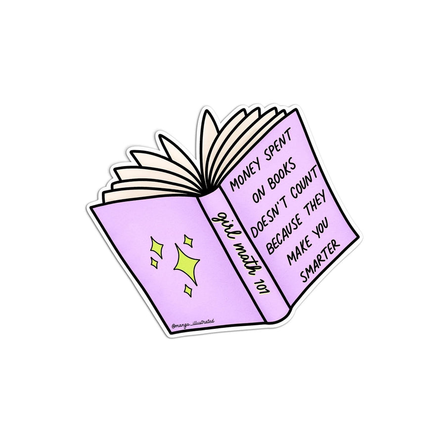 Girl math book sticker — hand lettered opened purple book with girl math 101 on the spine and stars on the back cover, by MangoIllustrated