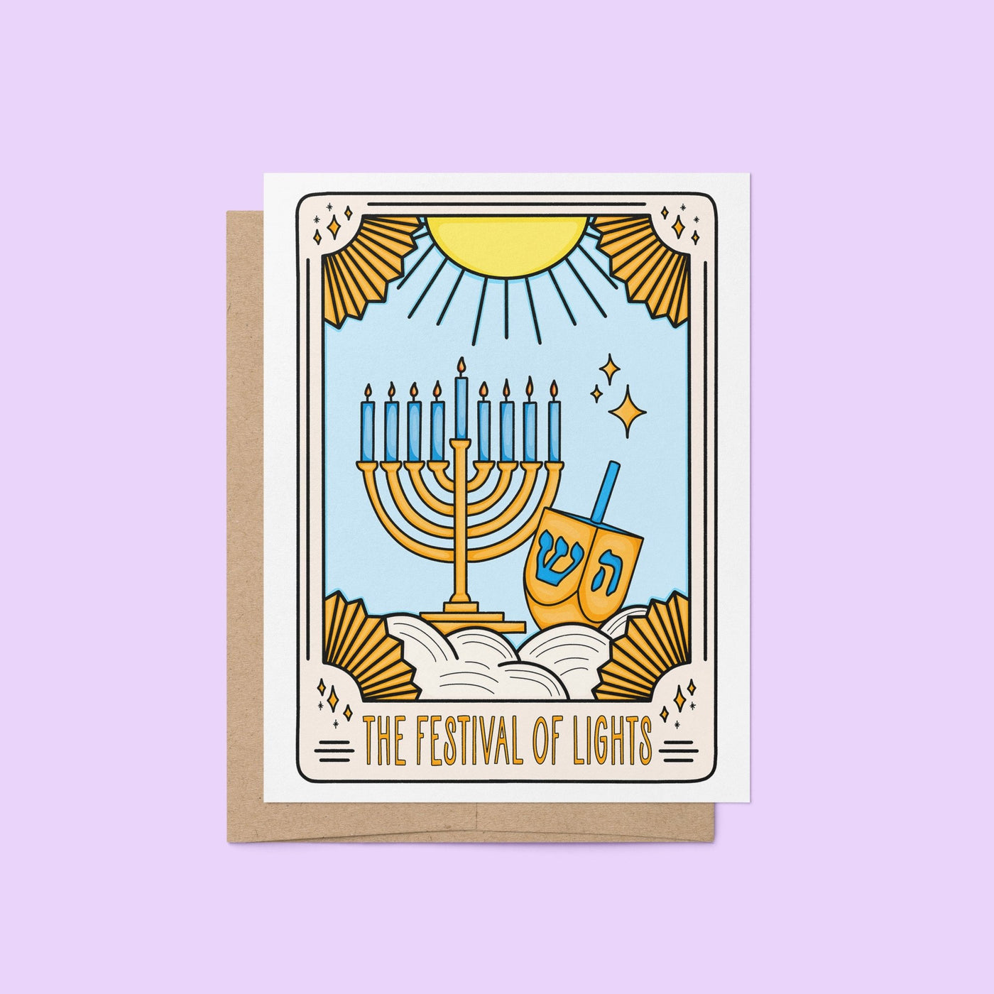 Festival of Lights Hanukkah tarot card style greeting card with tarot-style menorah and dreidel illustration, set against a blue and gold celestial background. Includes kraft envelope.