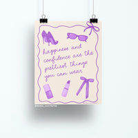 8x10 art print featuring purple illustrations of high heels, sunglasses, lipstick, nail polish, and a bow, with the quote "Happiness and confidence are the prettiest things you can wear."