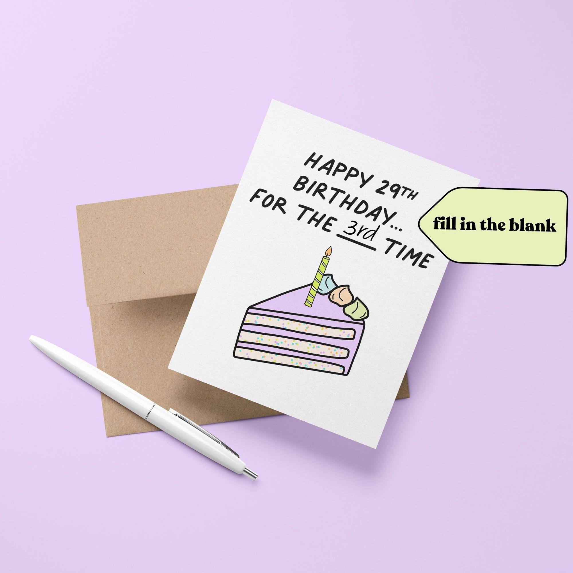 Happy 29th birthday again fill in the blank birthday card - MangoIllustrated - Greeting Cards