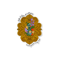 Vinyl sticker with ornate golden frame, blooming flowers, and the text “I hate it here so I will go to secret gardens in my mind.”
