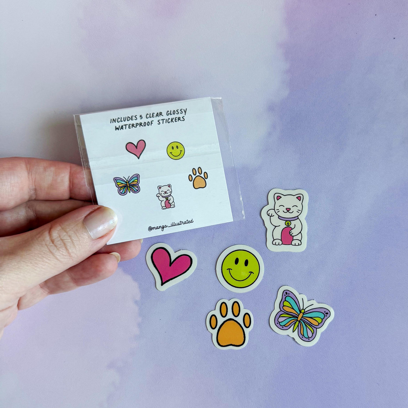 Doodles mini sticker set, lucky cat sticker, butterfly sticker, smile sticker, paw sticker, stickers for small spaces, stocking stuffer