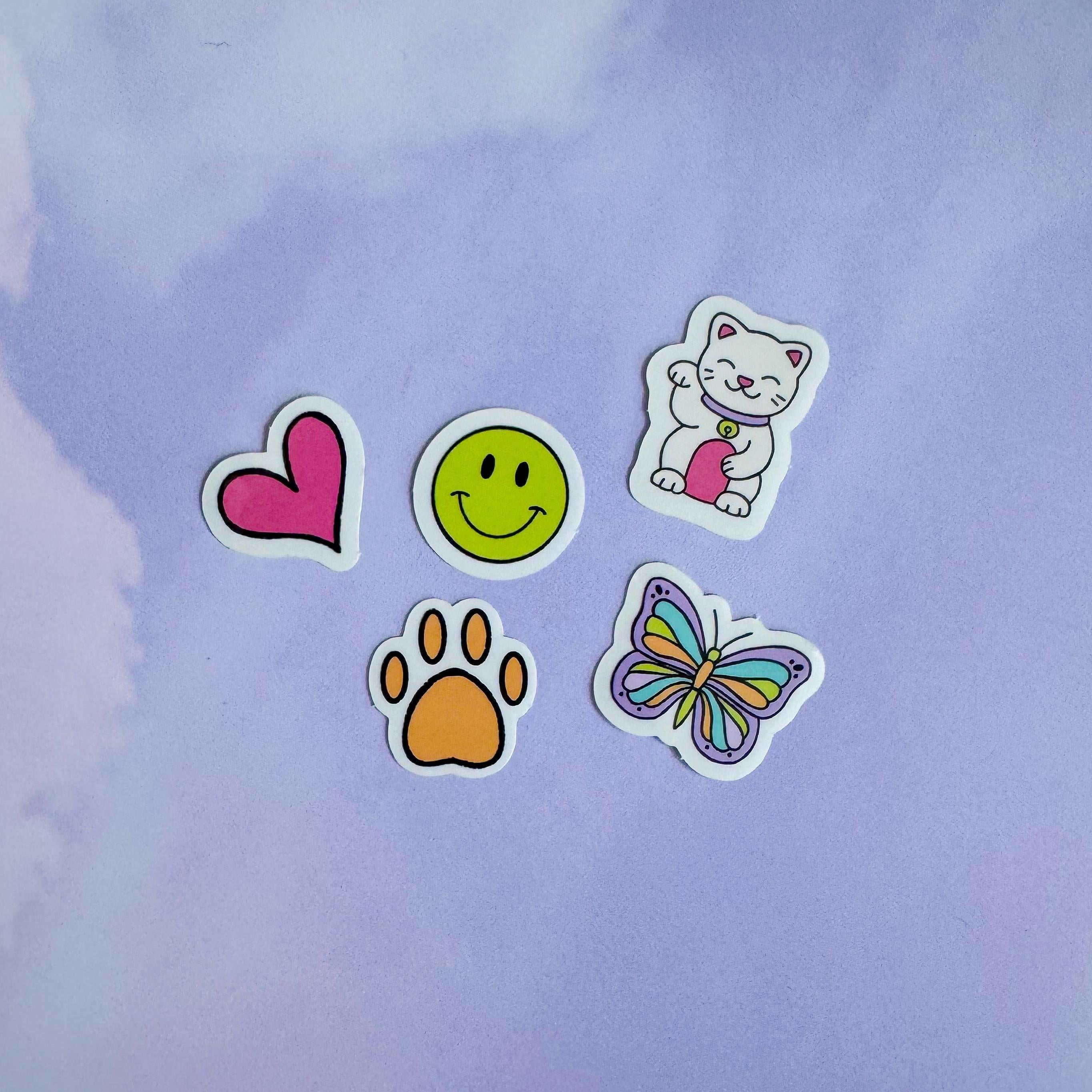 Doodles mini sticker set, lucky cat sticker, butterfly sticker, smile sticker, paw sticker, stickers for small spaces, stocking stuffer