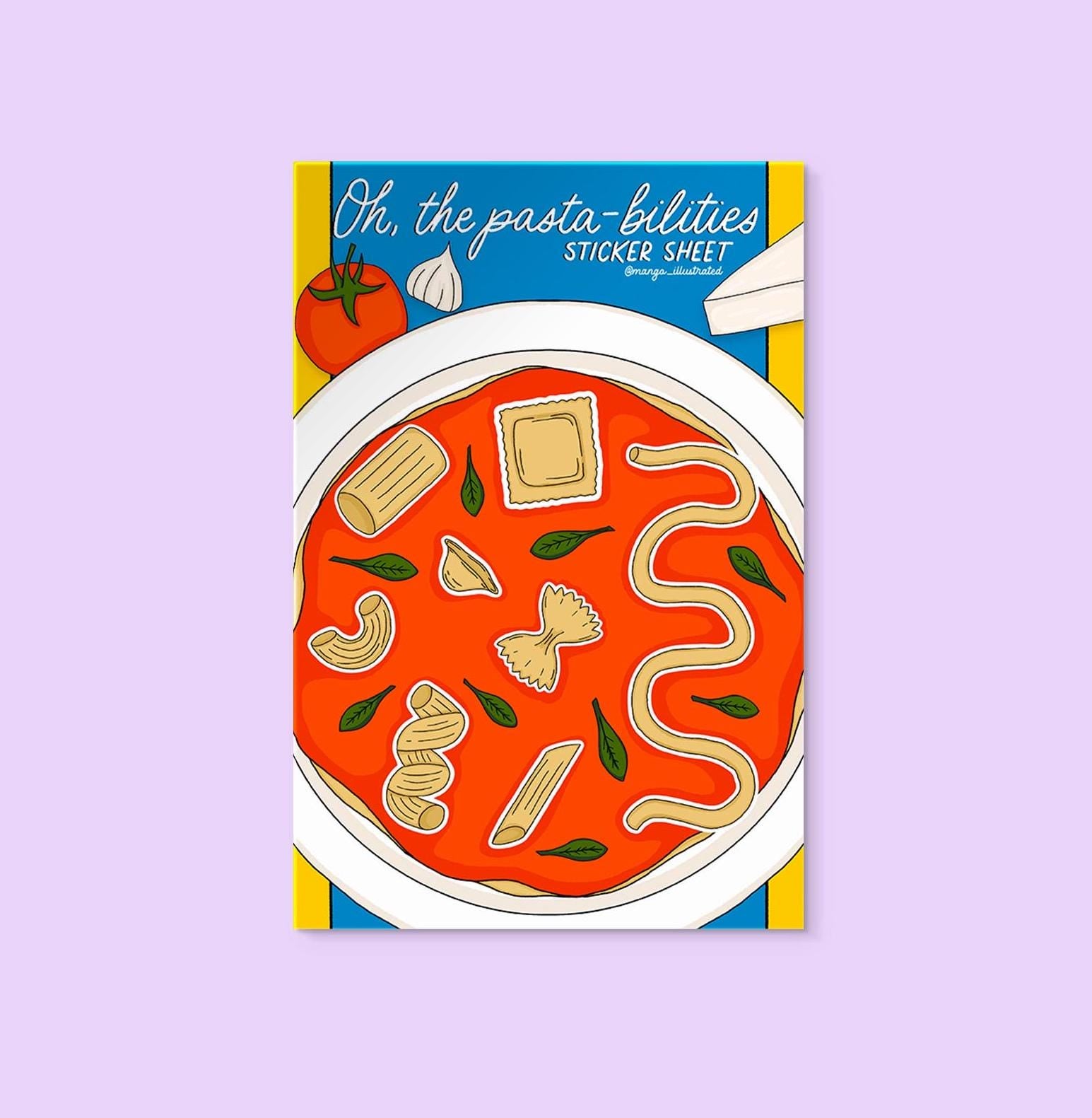 Pasta sticker sheet, oh the pasta-bilities, ravioli sticker, spaghetti sticker, rigatoni sticker, farfalle sticker, penne sticker, cavatappi sticker, orecchiette sticker