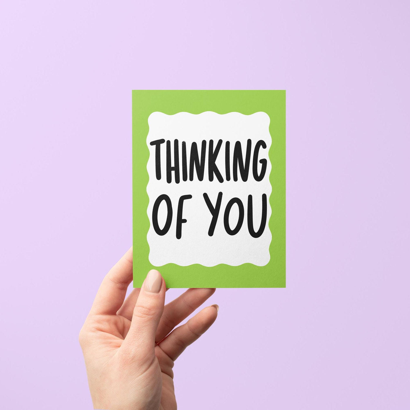 Thinking of you card, green squiggle border thinking of you card, hand drawn hand lettered thinking of you card