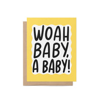 woah baby a baby card, yellow squiggle border baby congratulations card, hand drawn hand lettered welcome baby card card