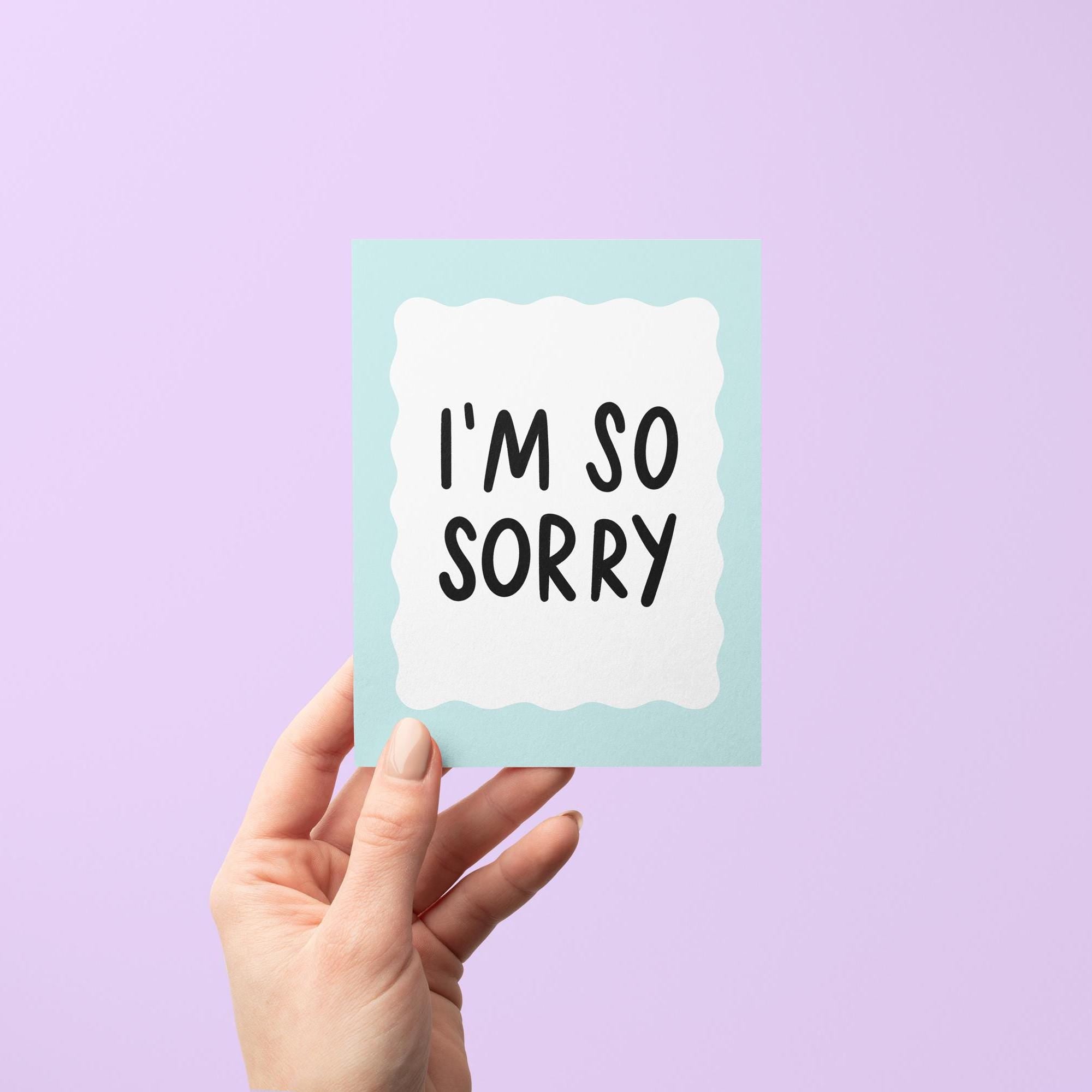 I&#39;m so sorry card, blue squiggle border apology card, sympathy card, condolence card