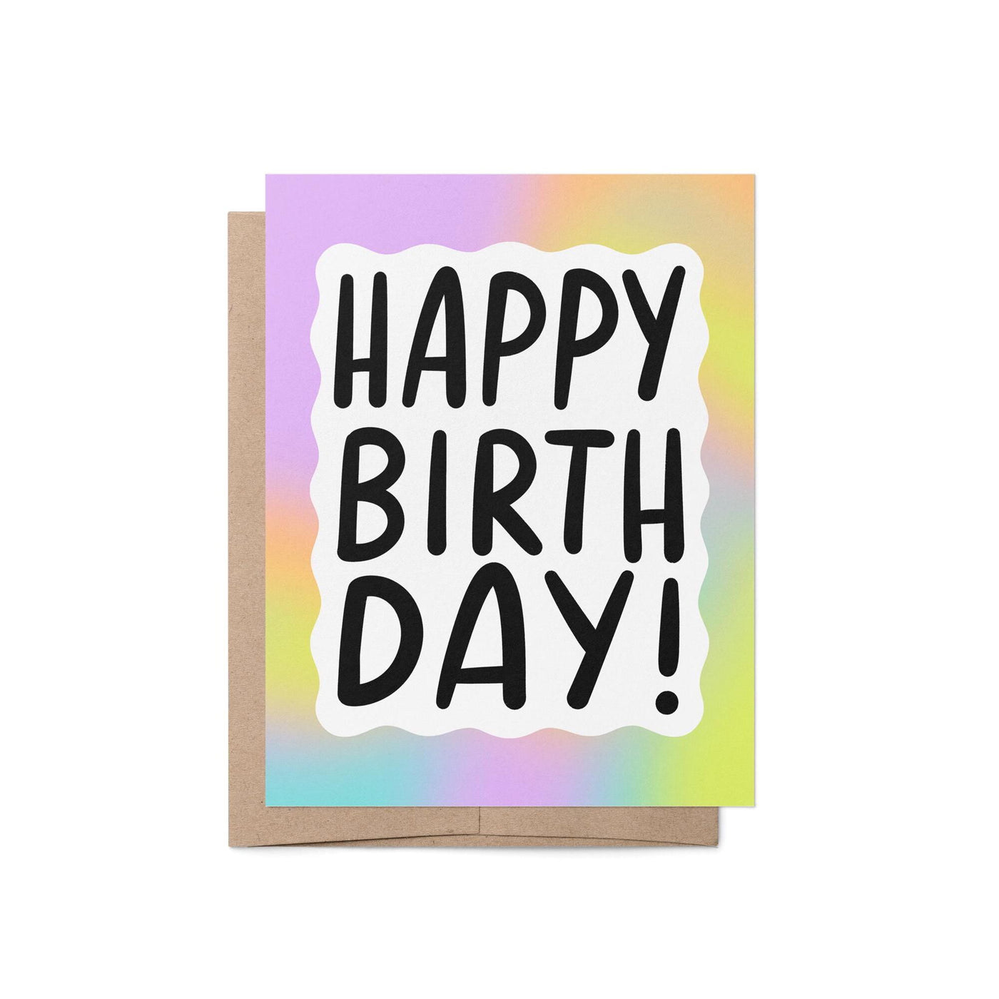 Happy birthday card, rainbow gradient squiggle border birthday card, hand drawn hand lettered welcome birthday card