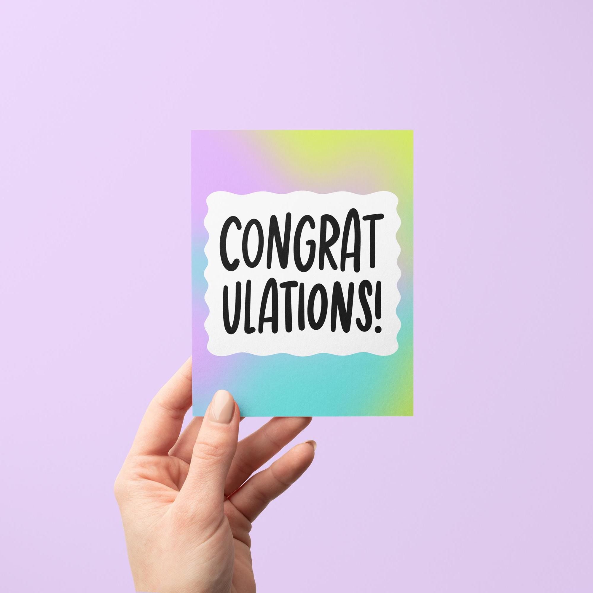 Congratulations card, neon rainbow gradient squiggle border congratulations card, hand drawn hand lettered congratulations card