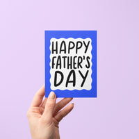 Happy fathers day card, blue squiggle border fathers day card, hand drawn hand lettered Father&#39;s Day card, card for dad