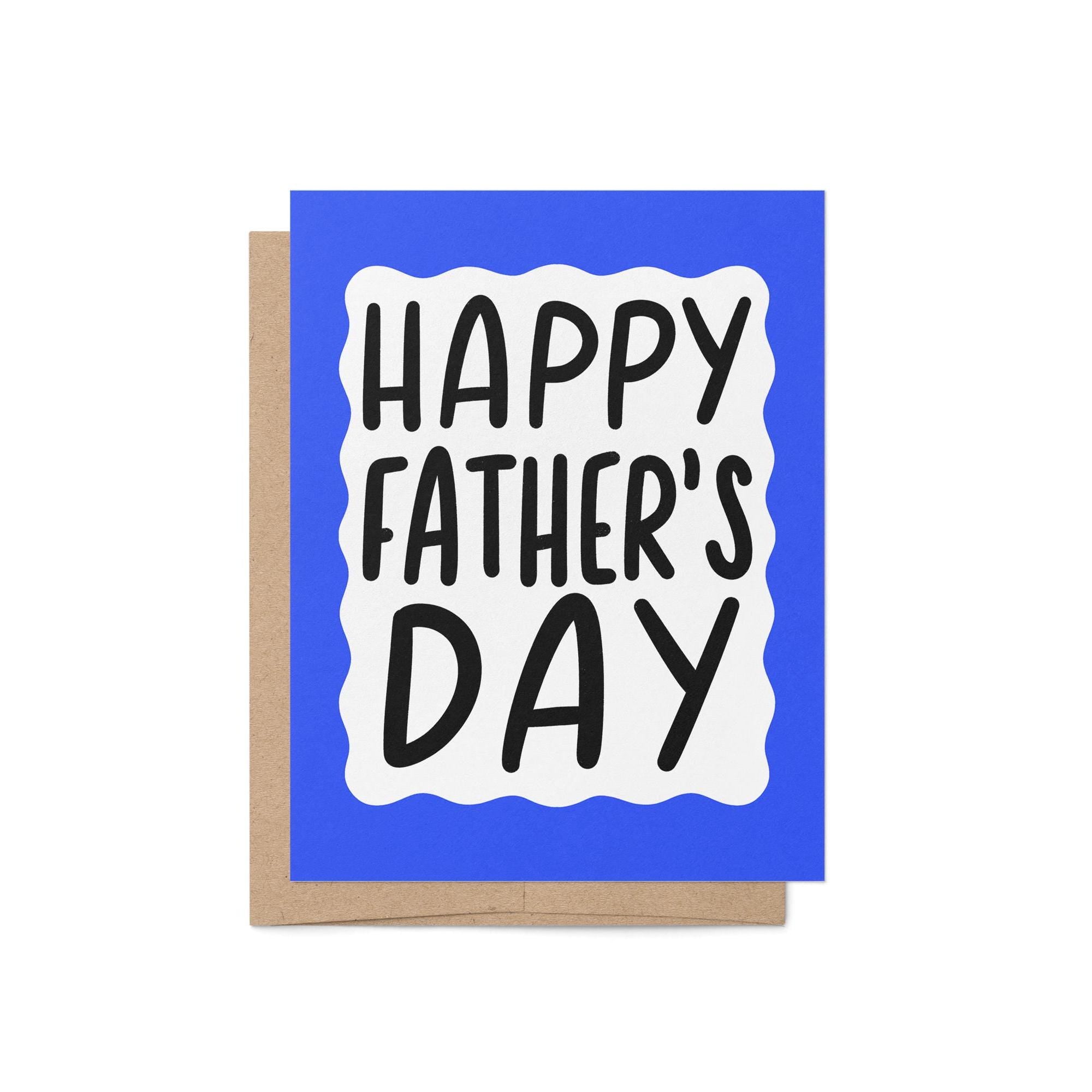 Happy fathers day card, blue squiggle border fathers day card, hand drawn hand lettered Father&#39;s Day card, card for dad