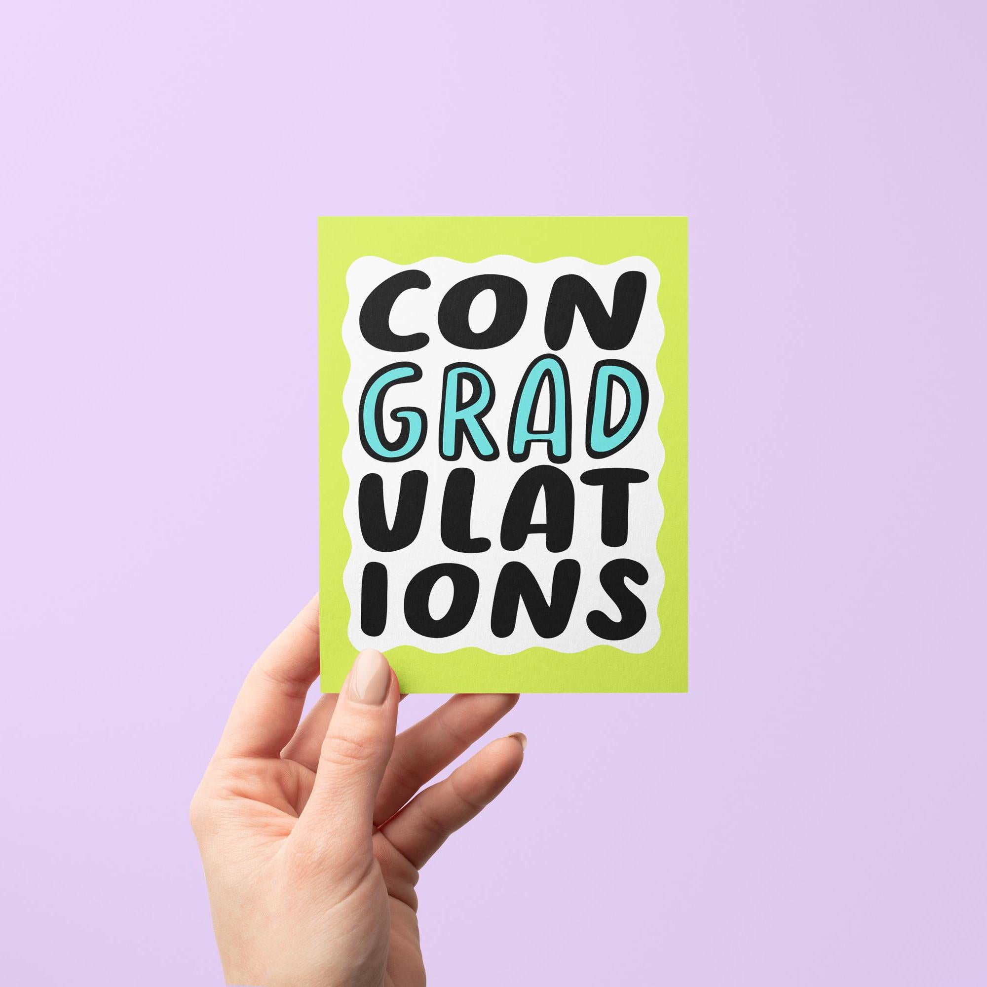 ConGRADulations card, green squiggle border congratulations card for graduation, hand drawn hand lettered graduation congratulations card