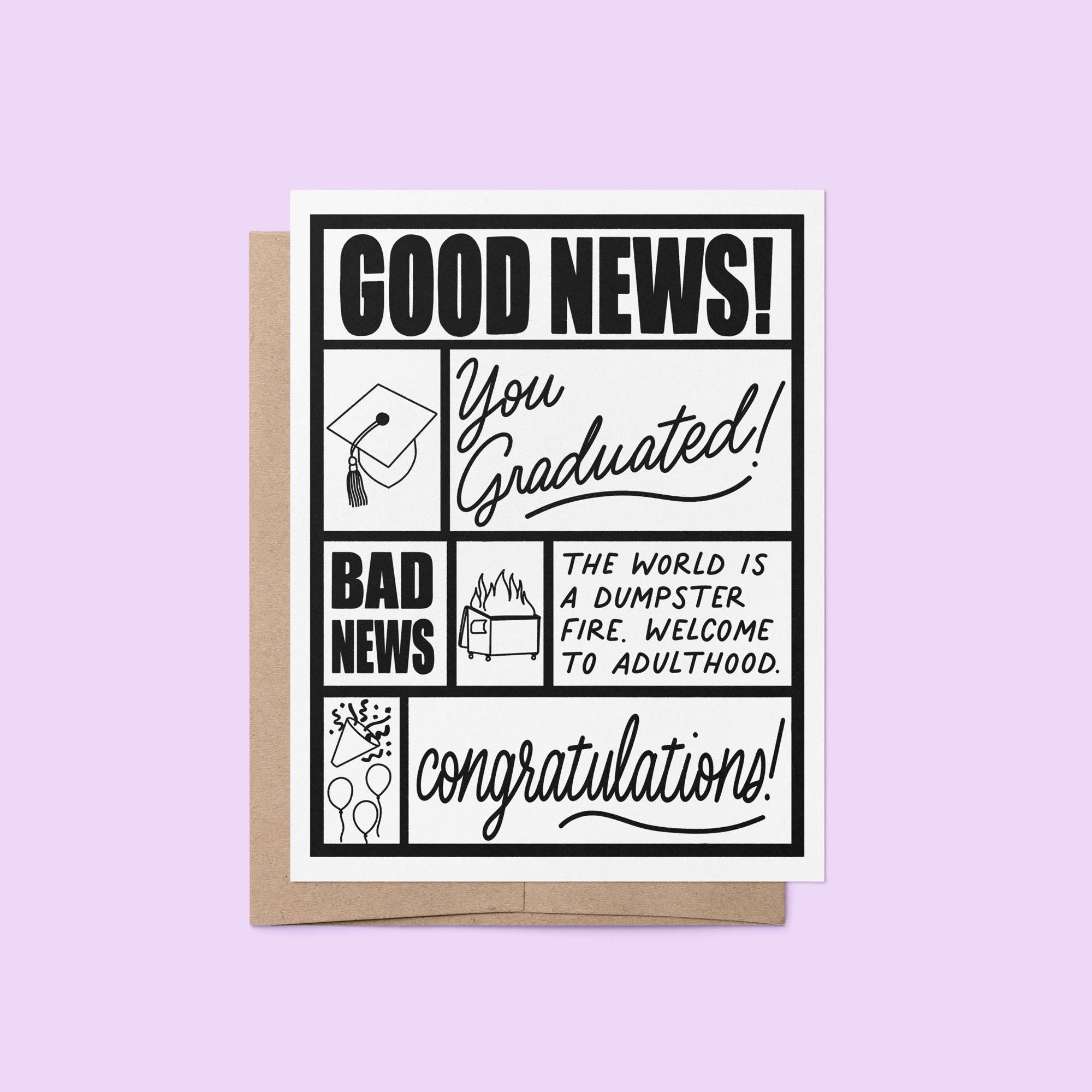 Good news bad news graduation card, graduation congratulations card, witty graduation card, funny congratulations card