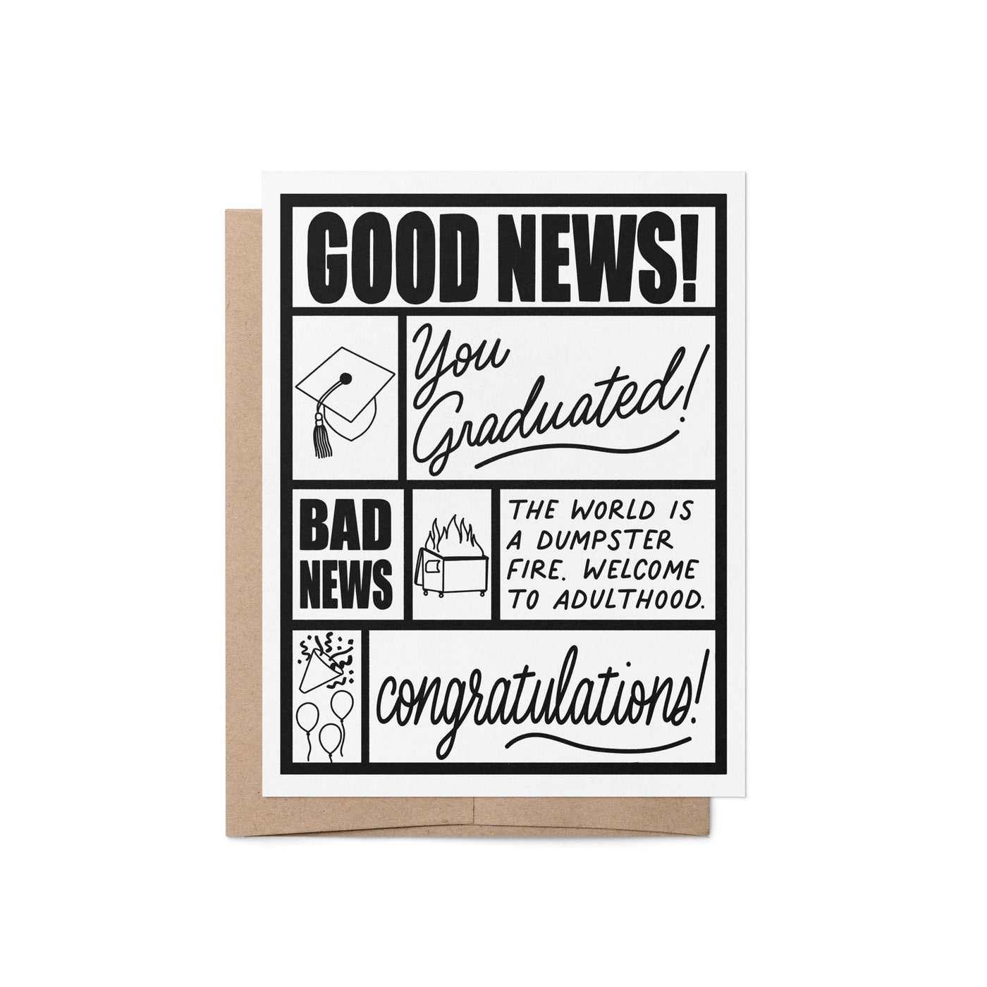 Good news bad news graduation card, graduation congratulations card, witty graduation card, funny congratulations card