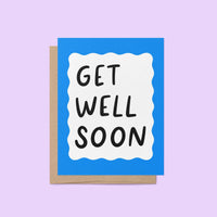 Get well soon card, blue squiggle border get well soon card, hand drawn hand lettered get well soon card