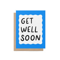 Get well soon card, blue squiggle border get well soon card, hand drawn hand lettered get well soon card