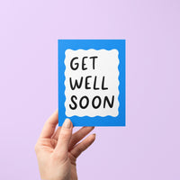 Get well soon card, blue squiggle border get well soon card, hand drawn hand lettered get well soon card