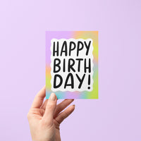 Happy birthday card, rainbow gradient squiggle border birthday card, hand drawn hand lettered welcome birthday card