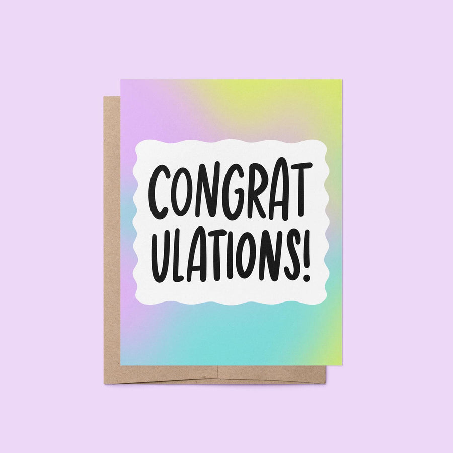 Congratulations card, neon rainbow gradient squiggle border congratulations card, hand drawn hand lettered congratulations card