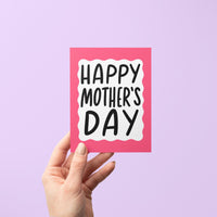 Happy mothers day card, pink squiggle border mothers day card, hand drawn hand lettered Mother&#39;s Day card, card for mom