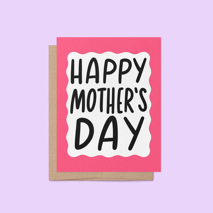 Happy mothers day card, pink squiggle border mothers day card, hand drawn hand lettered Mother&#39;s Day card, card for mom