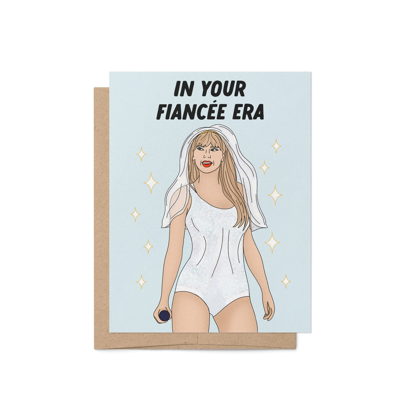 Engagement card with the phrase “In Your Fiancée Era” featuring an illustration of a woman in a sparkling outfit with a bridal veil and microphone.