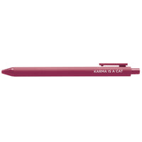 Maroon pen with 'Karma is a Cat' text on a white background