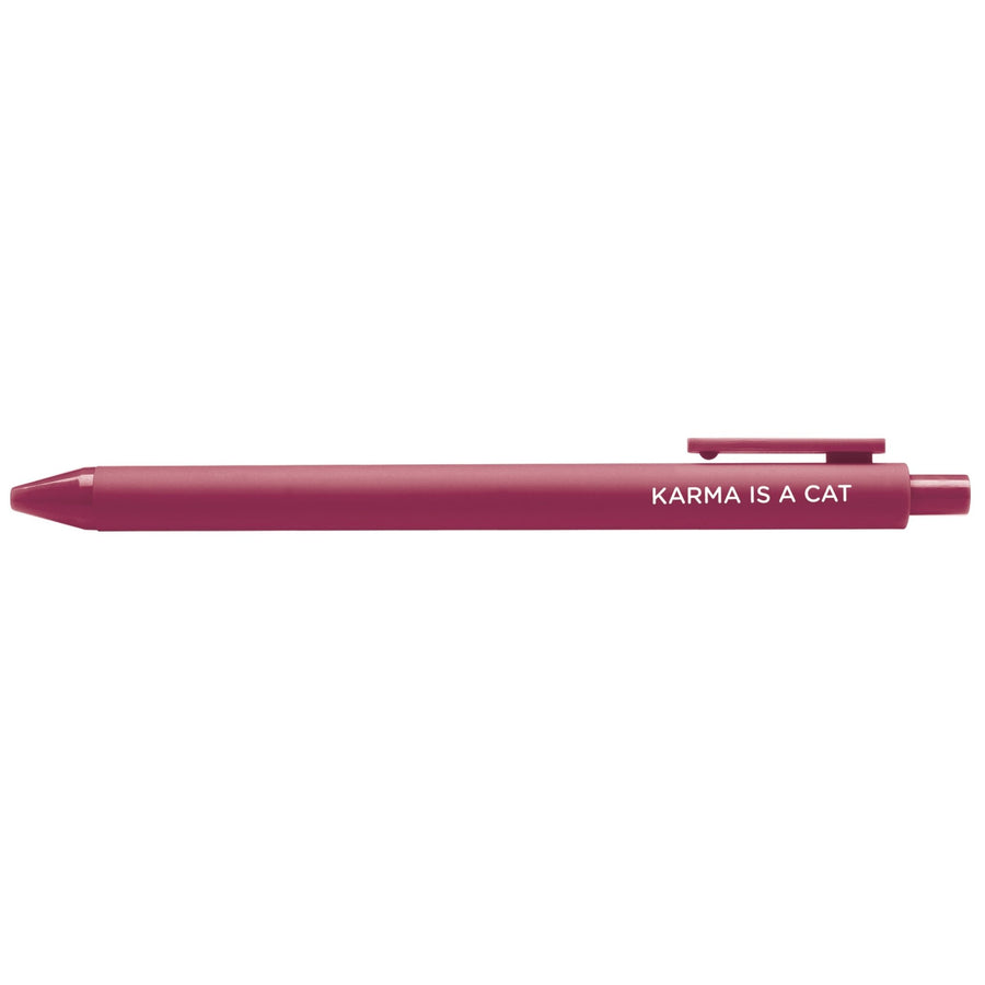 Maroon pen with 'Karma is a Cat' text on a white background