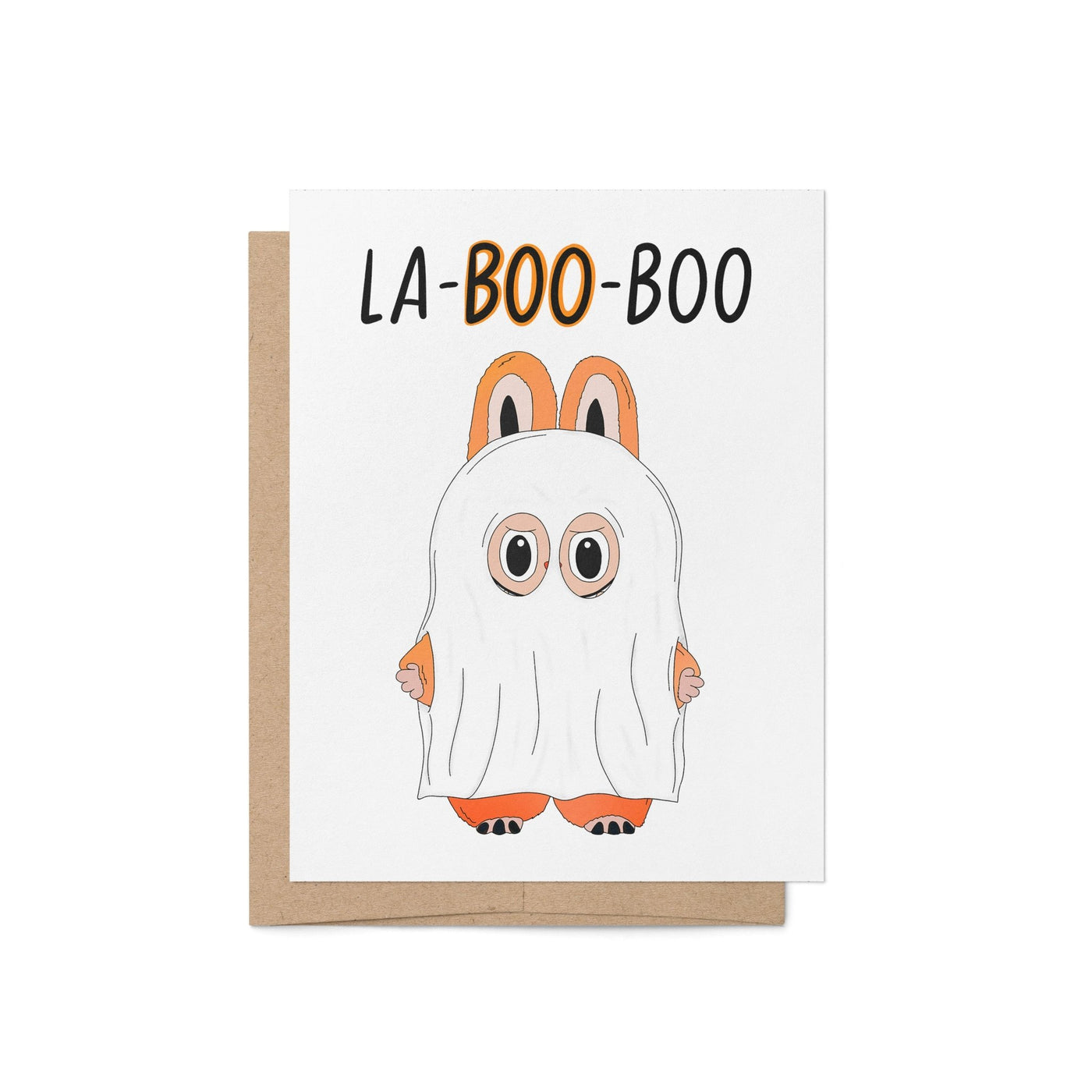 Halloween greeting card with the words “La-BOO-boo” and an illustration of a cute monster in a ghost costume with bunny ears.