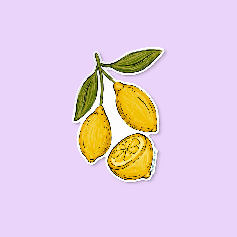 Vinyl sticker with hand-drawn lemons and a lemon slice with green leaves.