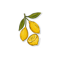 Vinyl sticker with hand-drawn lemons and a lemon slice with green leaves.